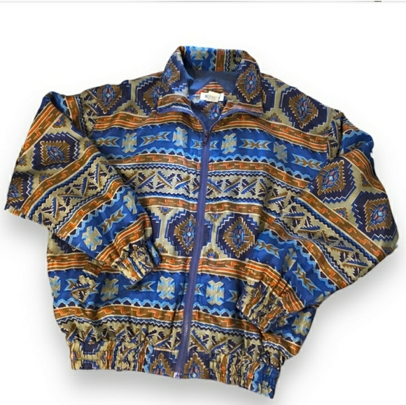 BOGARI Native Tribal Print Silk Bomber Jacket VINTAGE - Picture 10 of 11